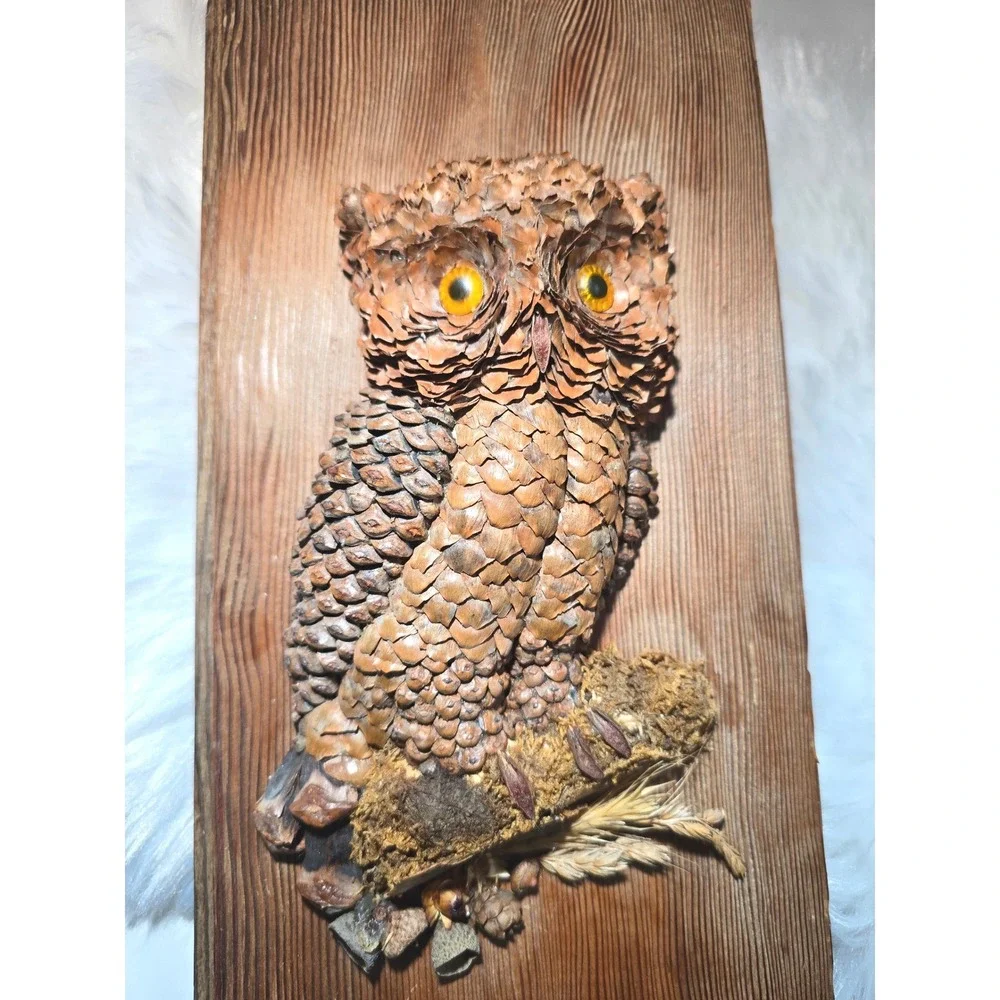 Vintage 1970s‎ Handmade Pine Cone Owl Wood Plaque Rustic MCM Folk Art Wall Decor